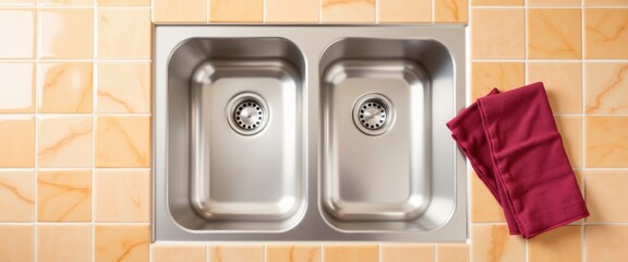 Stainless steel double kitchen sink with red cloth and tile background with copy space