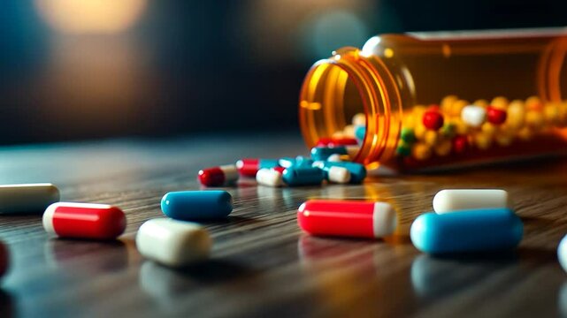 Scattered pills on wooden table