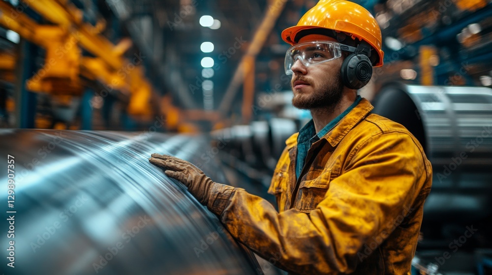 Poster a worker in safety gear carefully inspects large machinery in a busy manufacturing facility. the env