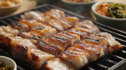 A close-up of a hot grill filled with thinly sliced pork belly (samgyeopsal), vegetables, and mushrooms, with bowls of banchan like kimchi and seaweed on the side