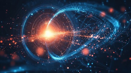 Obraz premium Quantum Energy Visualization with Glowing Particle Field and Digital Waves, Futuristic Energy Core, Quantum Computing Concept