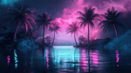 Palm Trees at Night Reflecting Colorful Neon Lights on Tropical Beach