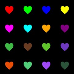 sixteen big hearts of different colors on a black background symbol of love and friendship in a 4x4 cells matrix