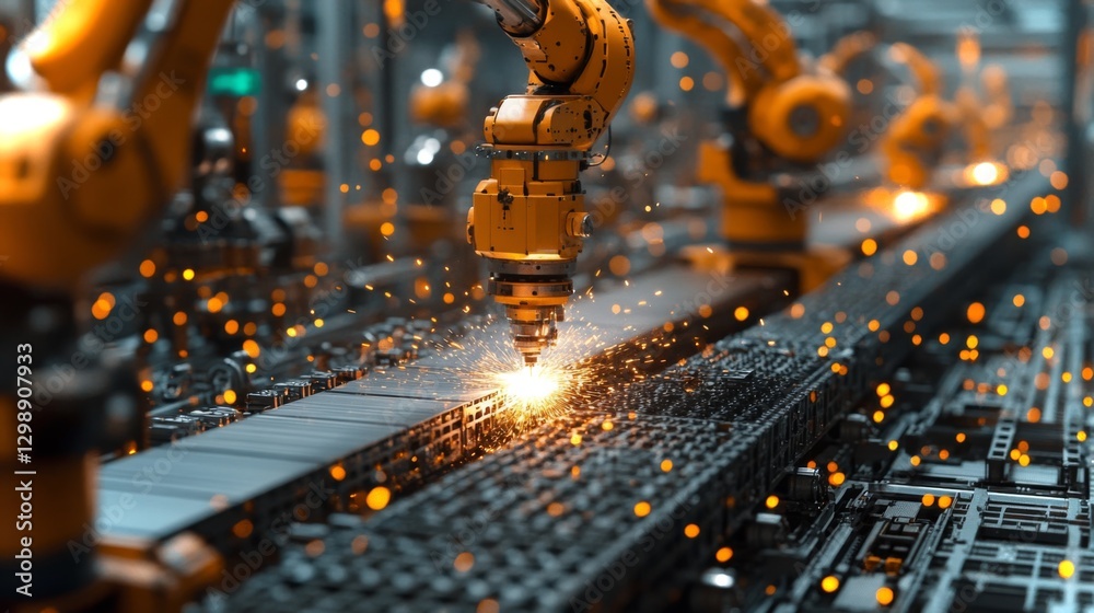 Poster A high-tech factory features multiple robotic arms engaging in precise tasks along a conveyor system. Sparks fly as automated machines enhance production efficiency and accuracy.