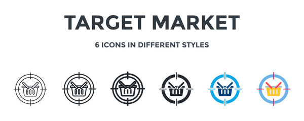 Target Market Icon In Different Style Vector Illustration. Designed In Thin Line, Regular Line, Bold Line, Glyph, Color Fill, And Flat Style Can Be Used For Web