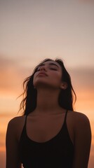 Confident woman sleek hair neutral sky