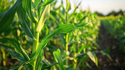Vibrant Close-up Green Corn on Stalks in Agricultural Crop Field
