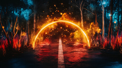 vibrant, surreal landscape featuring glowing archway of light amidst dark forest. scene is filled with colorful smoke and sparks, creating mystical atmosphere