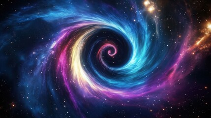 A vibrant spiral galaxy with swirling colors of blue, pink, and purple against a starry background.