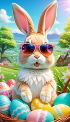 Easter bunny in sunglasses, cartoon style, flowers and colored eggs, happy easter concept.