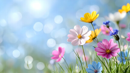 Colorful wildflowers meadow, sunny sky, spring bloom, nature background, greeting card