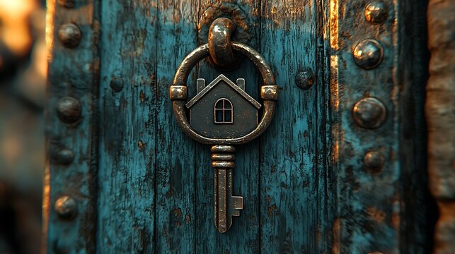 House-Shaped Keychain on Wooden Door, A close-up of a house-shaped keychain hanging on a wooden door