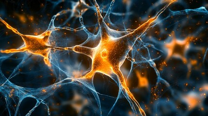 Glowing neural network synapses in high-detail digital art with blue and orange light effects