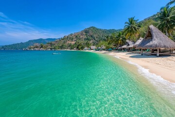 Obraz premium A tropical island village with thatched-roof huts surrounded by palm trees and crystal-clear waters