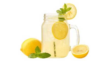 Icy cold lemonade in a mason jar with a lemon slice and mint, ultimate summer refreshment, isolated on white background, PNG format