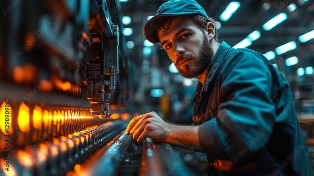 Aufkleber A skilled worker focuses intently while operating precision machinery in a contemporary manufacturing plant. The environment is vibrant with automated systems and orange lighting.