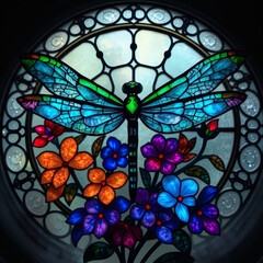 Colorful stained glass artwork depicting a dragonfly surrounded by vibrant flowers in a stunning design