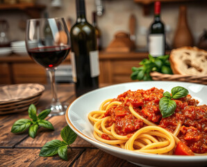 Savory spaghetti served with rich tomato sauce and red wine in a rustic kitchen setting