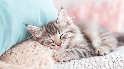 Playful kitten napping on soft pillow cozy home environment cute animal photography