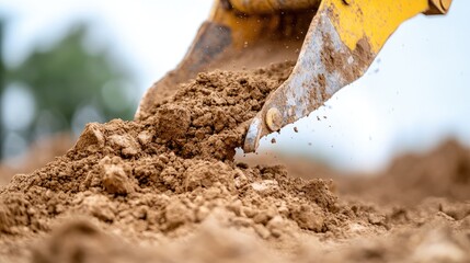 Excavator digging soil, construction site, blurred background, earthworks