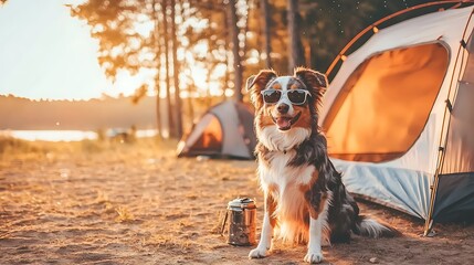 Playful dog camping adventure forest campsite pet photography outdoor setting sunny vibes