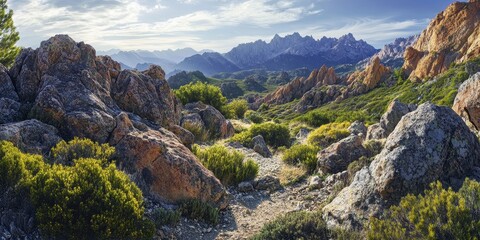 Obraz premium Scenic Mountain Landscape with Rocky Terrain and Vegetation