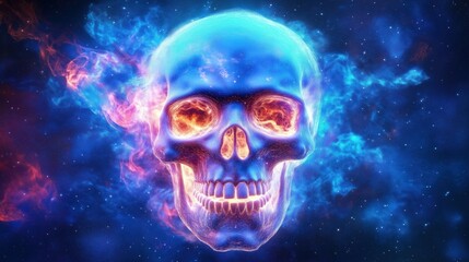 A vibrant blue skull surrounded by colorful cosmic clouds and stars in a dark space background.