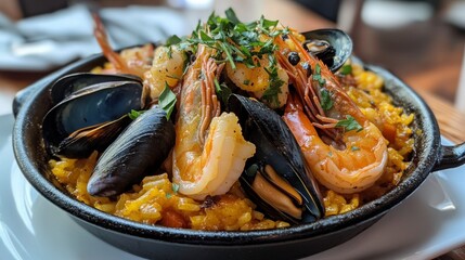 A close-up of a Spanish paella de mariscos, featuring shrimp, clams, and mussels on a bed of vibrant saffron rice, garnished with fresh herbs