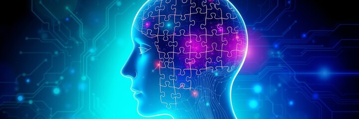 Obraz premium Illuminated human profile with puzzle pieces, exploring mental health