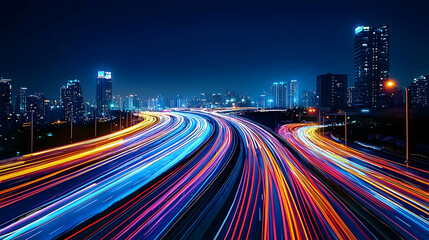 Fototapeta premium Nighttime Cityscape With Highway Traffic Trails And Illuminated Buildings