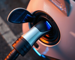 Innovative electric vehicle charging experience at dusk on a quiet city street