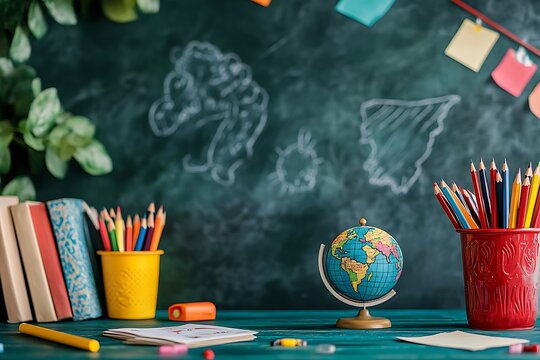 Back to School: Globe, Books, and Pencils on Chalkboard