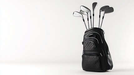 Black golf bag with clubs on white background