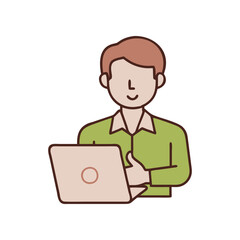 man holding or using laptop computer. Laptop computer technology. Flat vector illustration isolated on white background