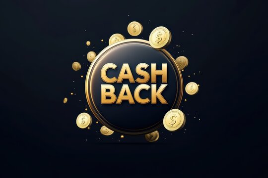 CASH BACK emblem illustration with golden coins on dark background for promotional use