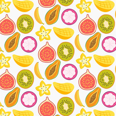 Tropical seamless pattern illustration of fresh fruits on a white background.
