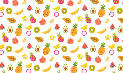 Tropical seamless pattern illustration of fresh fruits on a white background.