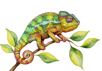 Vibrant Chameleon on Branch - Watercolor cartoon chameleon perched on a branch, symbolizing nature, adaptation, camouflage, color, and exotic beauty