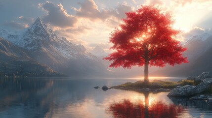 Solitary red tree on a tranquil lake at sunset, with majestic snow-capped mountains in the background.