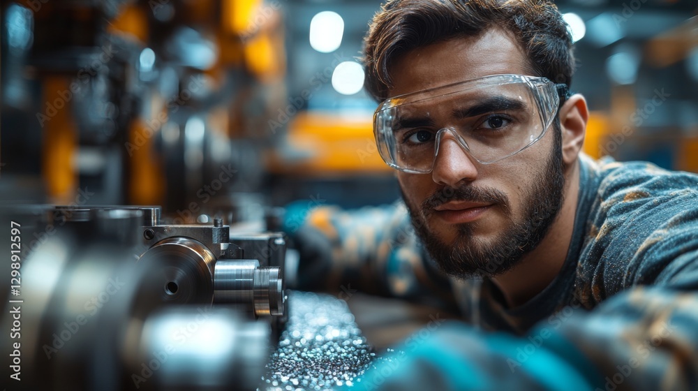 Poster a skilled worker focuses on precision machining tasks in a bustling manufacturing facility. high-tec