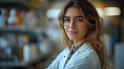 A smiling female pharmacist with long, wavy hair and glasses stands confidently with her arms crossed in a pharmacy.