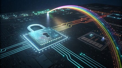 Cybersecurity concept, Rainbow arc over a glowing padlock on a circuit board.