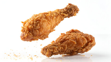 A crispy, golden-brown fried chicken piece captured mid-air against a clean white background, highlighting its crunchy texture.