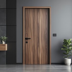Modern Dark Brown Wooden Door with Black Handle in Gray Room