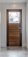 Fototapeta premium Modern Dark Brown Wooden Door with Frosted Glass Panel in a Neutral Hallway