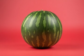 A whole watermelon with green stripes rests on red background