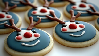 Festive sugar cookies decorated with blue fondant featuring smiling reindeer faces with red noses and antlers, arranged in rows for holiday celebrations.
