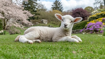 Obraz premium A fluffy lamb resting on green grass in a beautiful garden setting.