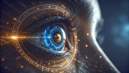 Close up of a futuristic eye with digital interface.