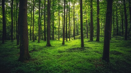 Lush Green Forest With Tall Trees And Ground Cover